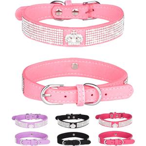 Bling Dog Collar for Small Medium Large Dogs, Crown Rhinestone Dog Collars for Girl and boy Dog, Diamond Puppy Collars, Adjustable Leather Suede SOFE Cat Collar (S(10.6"-13"/27CM-33CM), Pink)