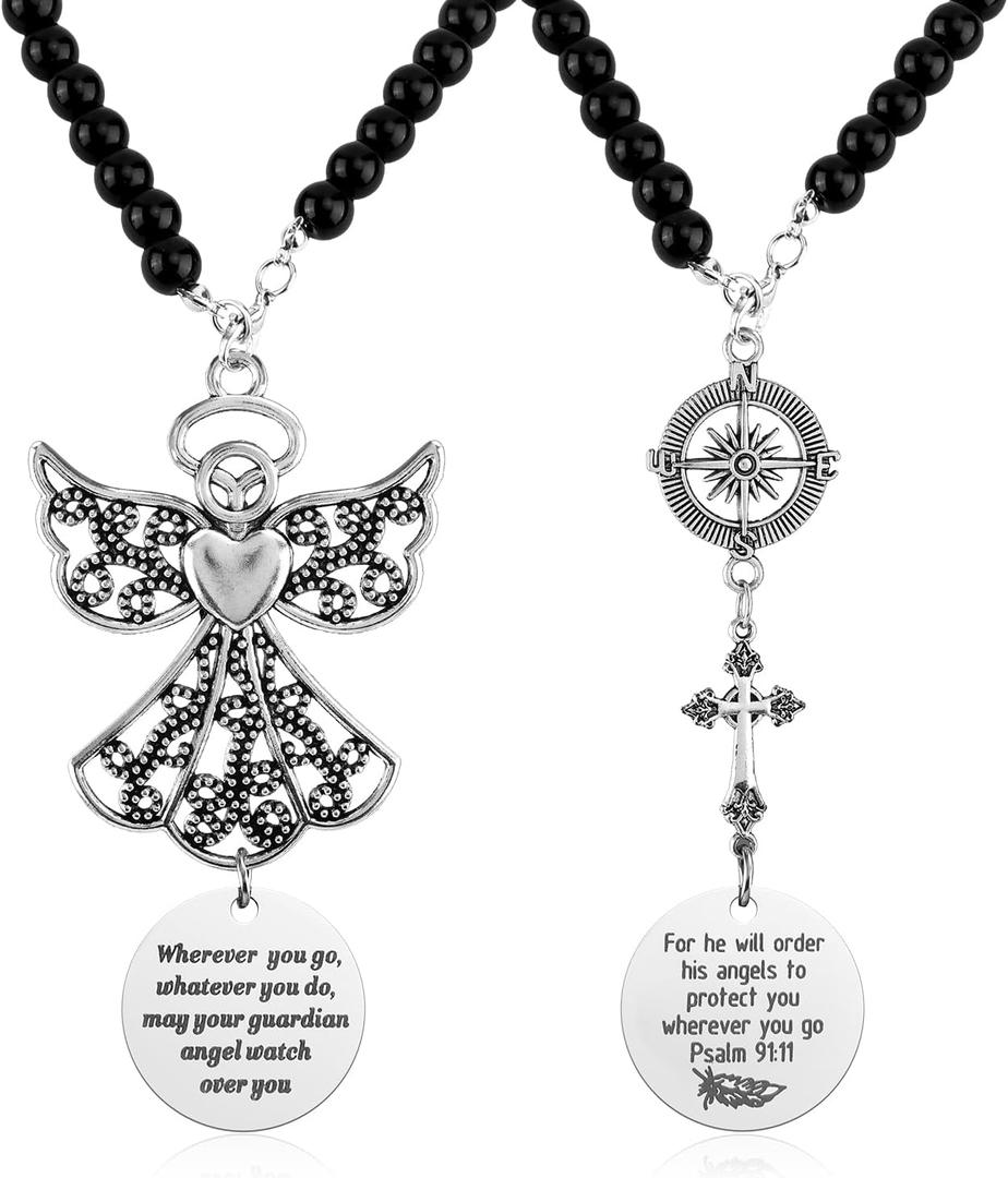 2pcs Angel & Cross Hanging Car Charms for Rear View Mirror, Guardian Psalm 91:11 Rearview Hanger Ornament Accessories, Protection Car Pendant Perfect Bible Verse Day Decor Gifts for Family Friends