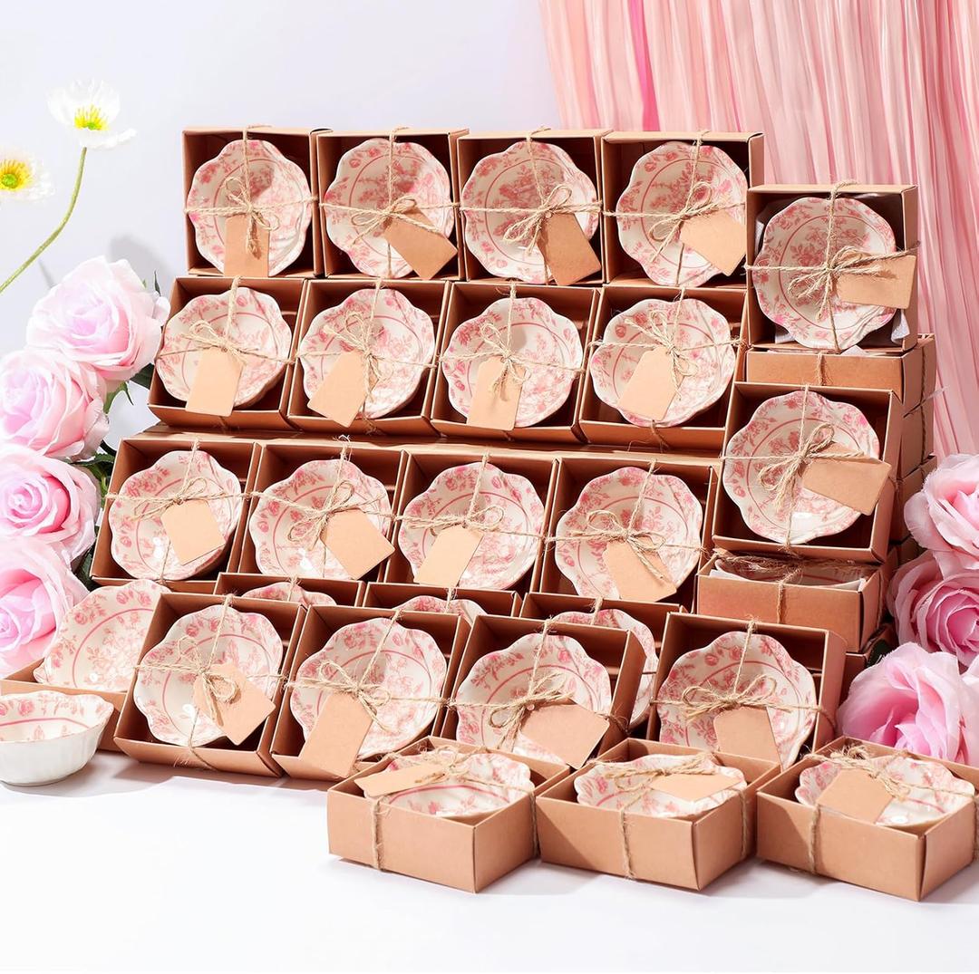 SiliFine 48 Pcs Wedding Favors for Guests Small Ceramic Bowl Bulk Gifts Set 3.3 Inch Floral Design Mini Dipping Sauce Dish with Card Box for Bridal Pooja Baby Shower Birthday (Flower,Pink)