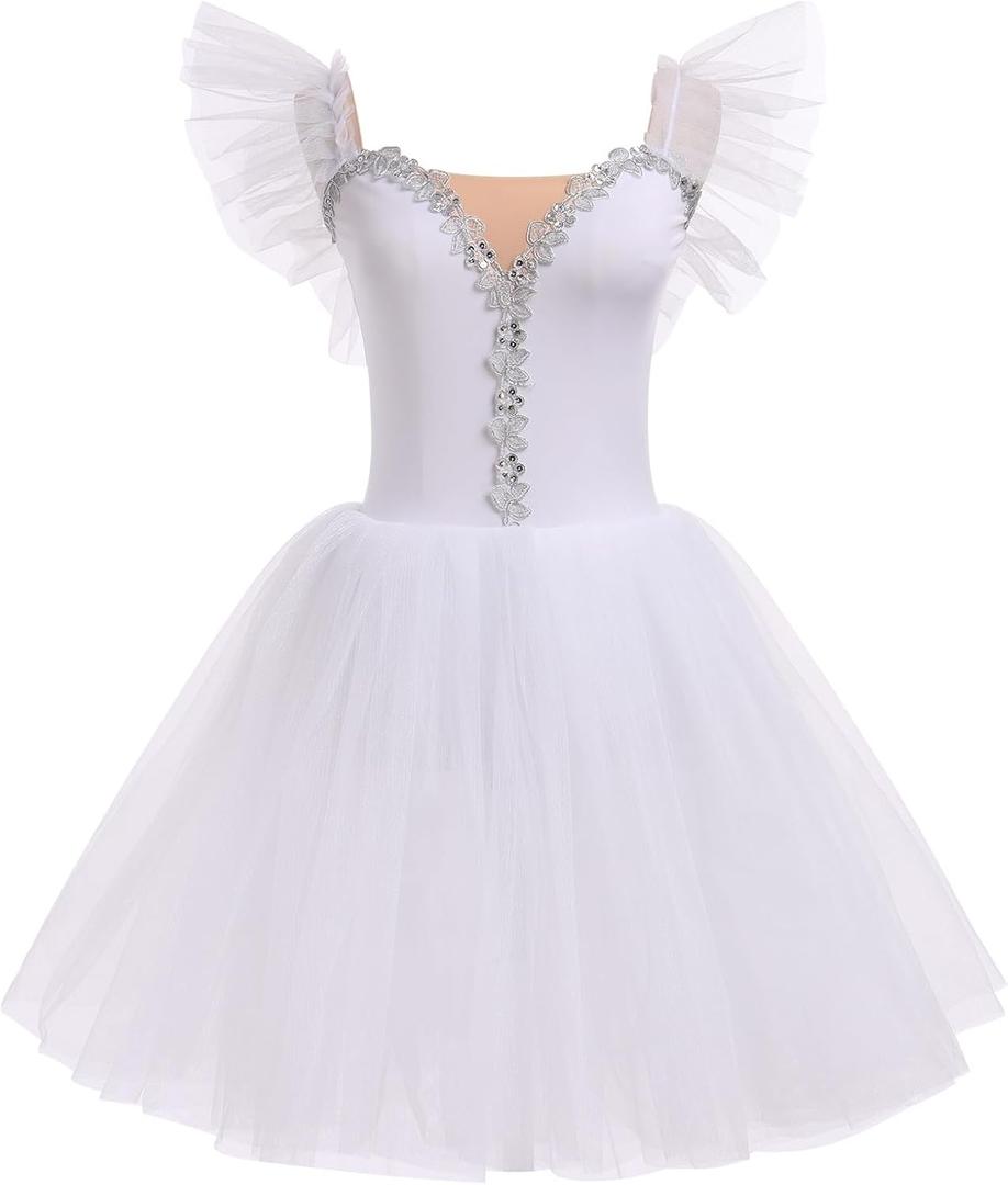 Ballet Leotard for Women Swan Lake Costume Floral Print Professional Ballerina Tulle Tutu Dance Dress (X-Large, White Ruffle)