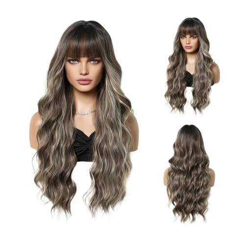 26 Inches Synthetic Curly Wigs Long Brown Wavy Hair for Women Wigs with Bangs Wig Natural Christmas Party High Temperature Fiber