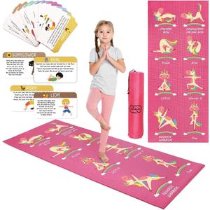 Garybank Kids Yoga Mat Set - Non-slip Exercise Mats with Fun Prints - 12 Yoga Cards - Carrier Bag - Odor Free Non-Toxic, Cute Yoga Mat for Girls & Boys (60 X 24 X 0.2 Inch)