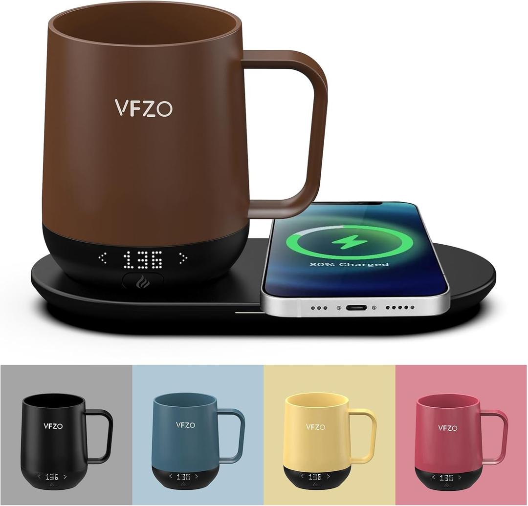 VFZO Temperature Control Smart Mug, Self Heating Coffee Mug LED Display, 180 Min Battery Life - Hot up to 149 Fast Wireless Charger Base Improved Design (12oz, Coffee)