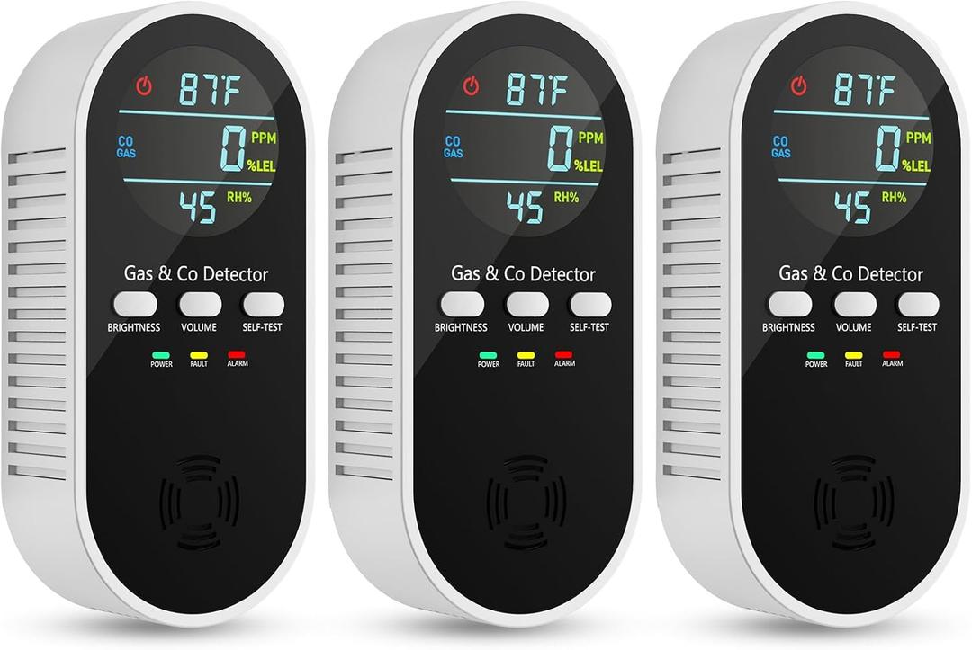 5-in-1 Carbon Monoxide Detectors, Natural Gas Leak Detector, Plug-in & Battery Backup Co Detector, HD Digital Display, CO Gas Temp Humidity Sensor, 3-Pcs, Black