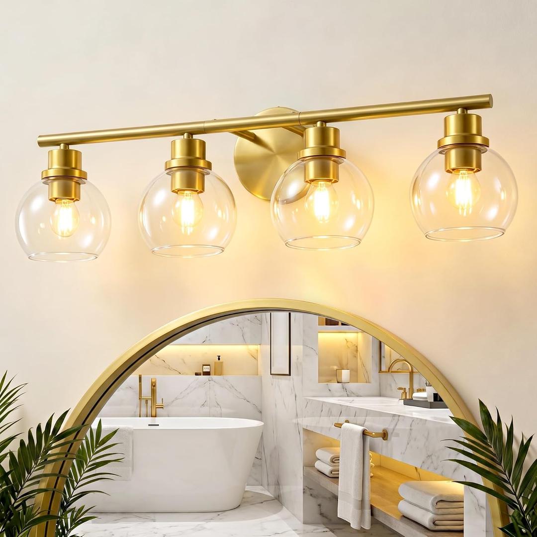 Bathroom Vanity Light, 29.5 Inch Modern Wall Sconce with Clear Glass Shade, 4-Light Gold Over Mirror Vanity Lighting for Bathroom