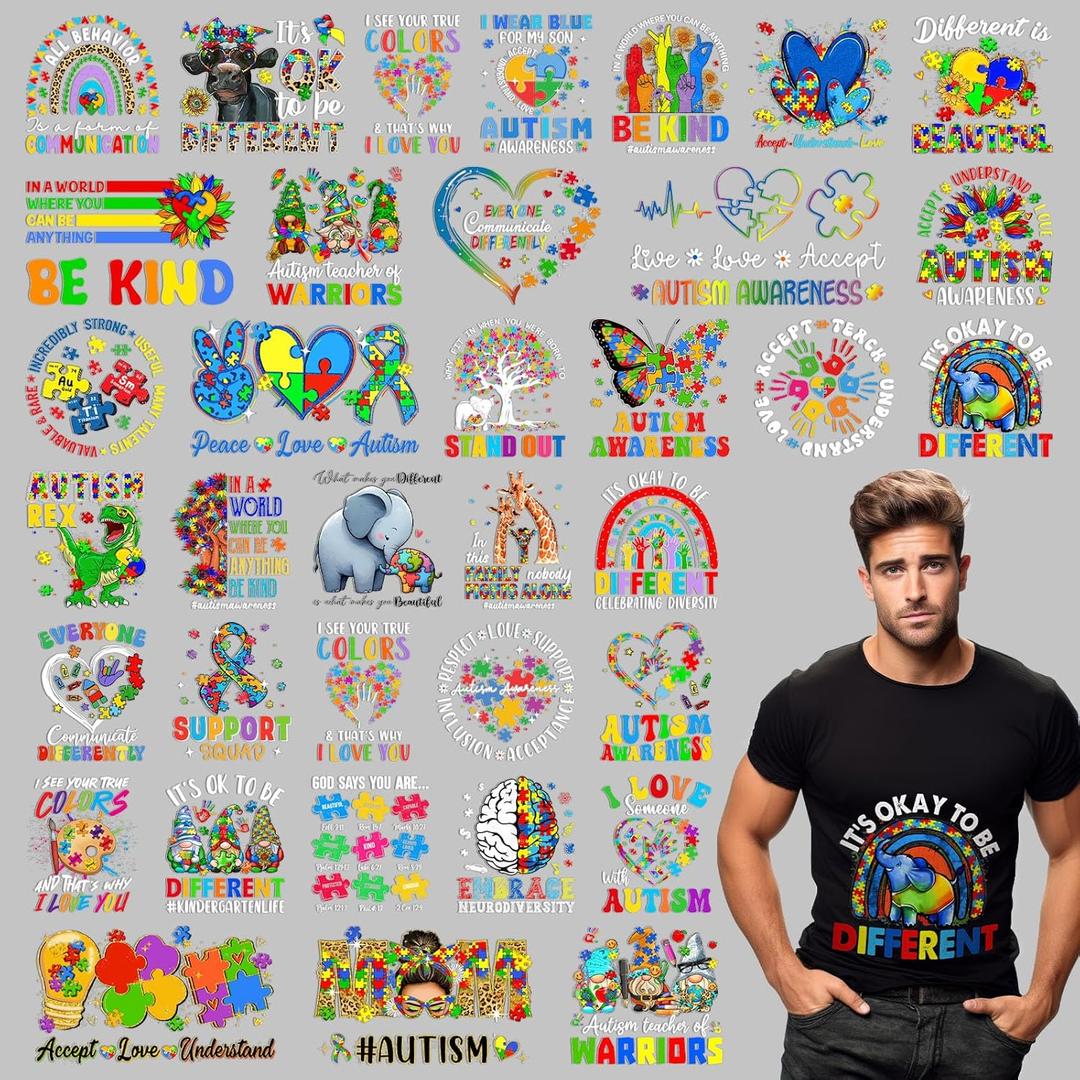 Lingvee 36 Pcs Autism Awareness Iron on Transfers Autism Iron on Vinyl Decals Asperger's Awareness Transfer Stickers Rainbow Appliques Decorative Patches Transfers for DIY Clothes Bag Pillow Covers