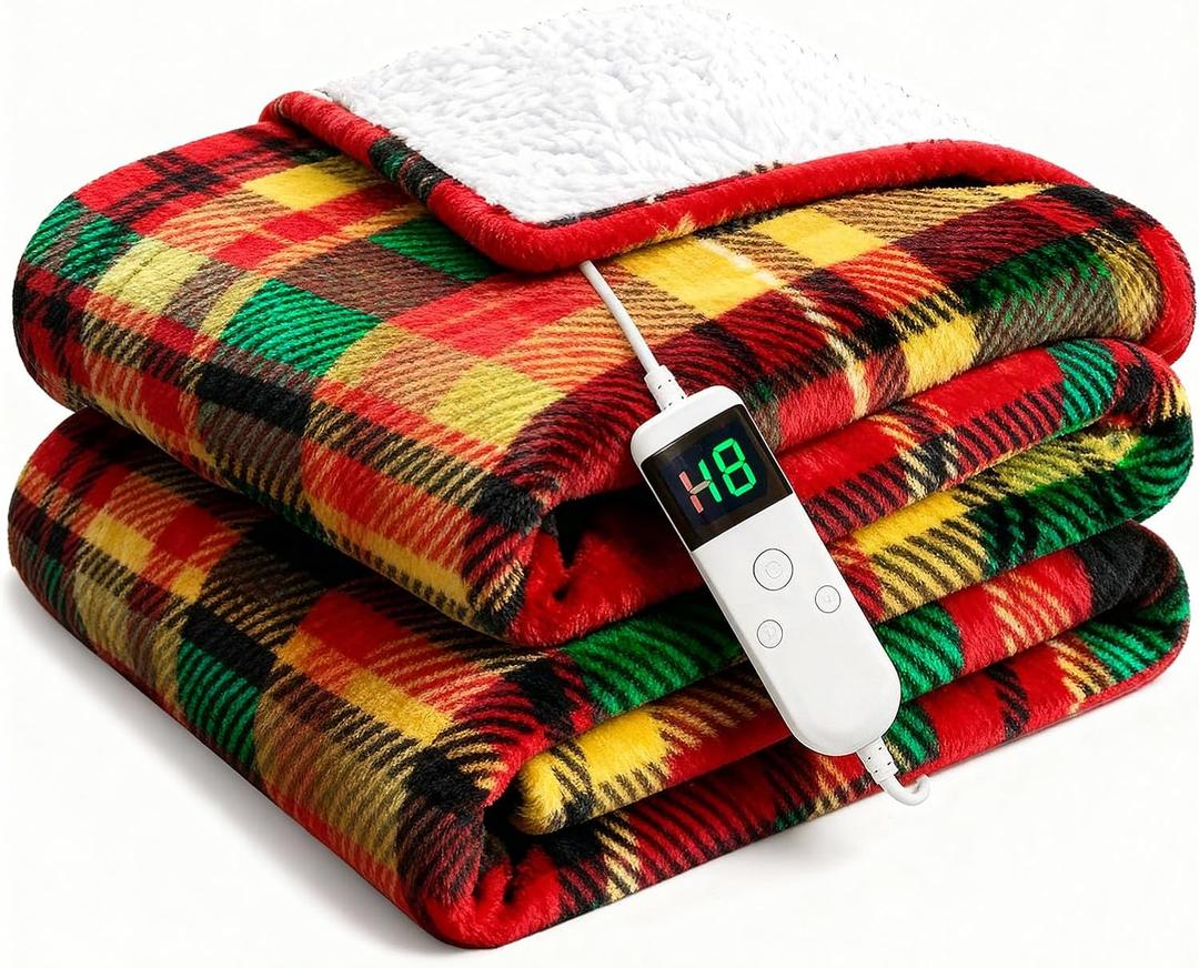 Electric Blanket Heated Twin, Soft Flannel 62"x84" Plaid Heating Blanket with 8 Hours Auto Off 10 Fast Heating Levels Machine Washable Sherpa Heated Blanket with Overheating Protection (Bright Red)