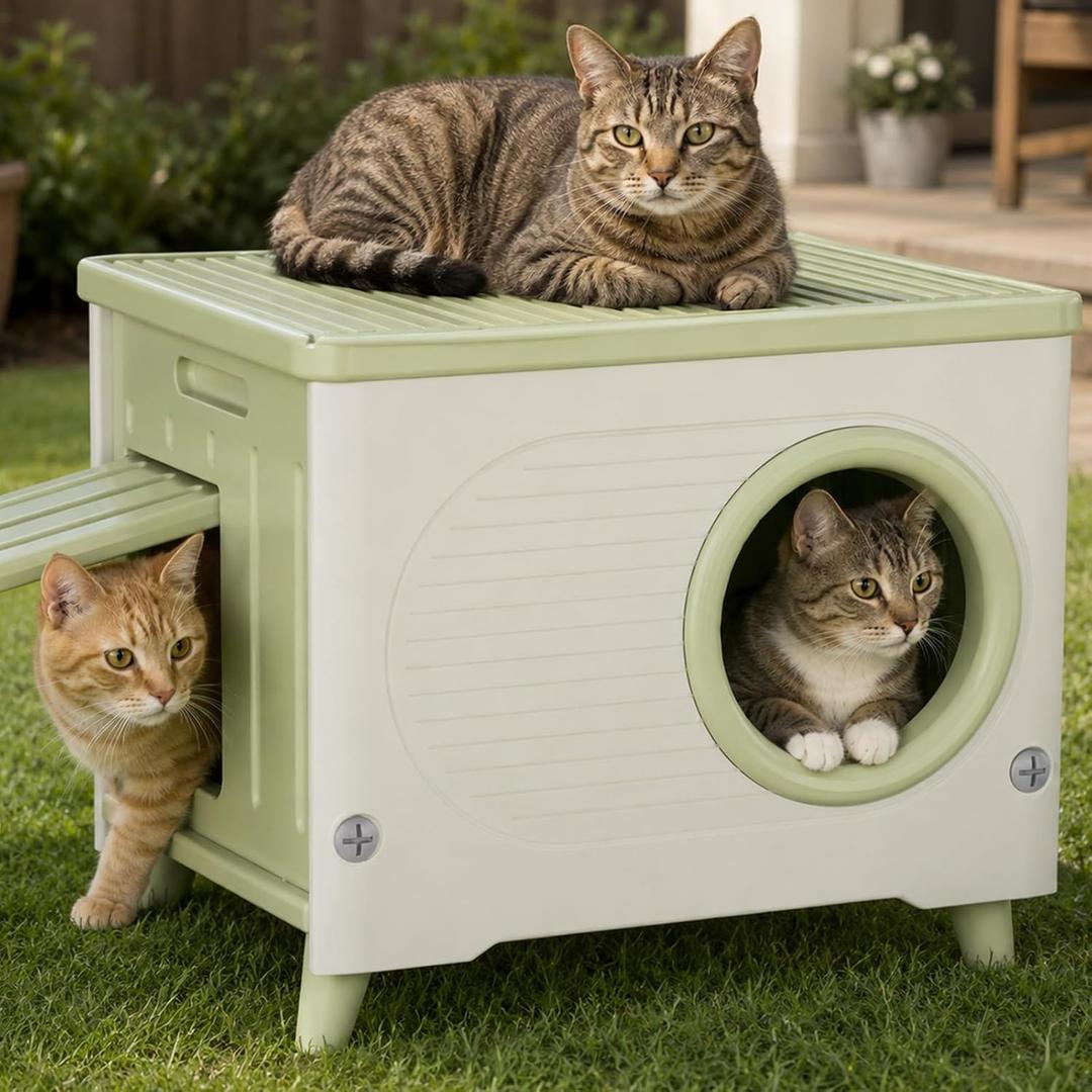 Outdoor Cat House, Extra Large Insulated Feral Cat Shelter with Escape Door & Elevated Legs, All-Weather Waterproof Cat Cave for Stray Cats