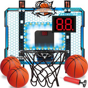 Adjustable Height Basketball Hoop Indoor with LED Lights, Basketball Toys Gifts for 5 6 7 8 9 10+ Year Old Boys Kids, Indoor Over The Door Mini Basketball Hoops with Electronic Scoreboard & 3 Balls
