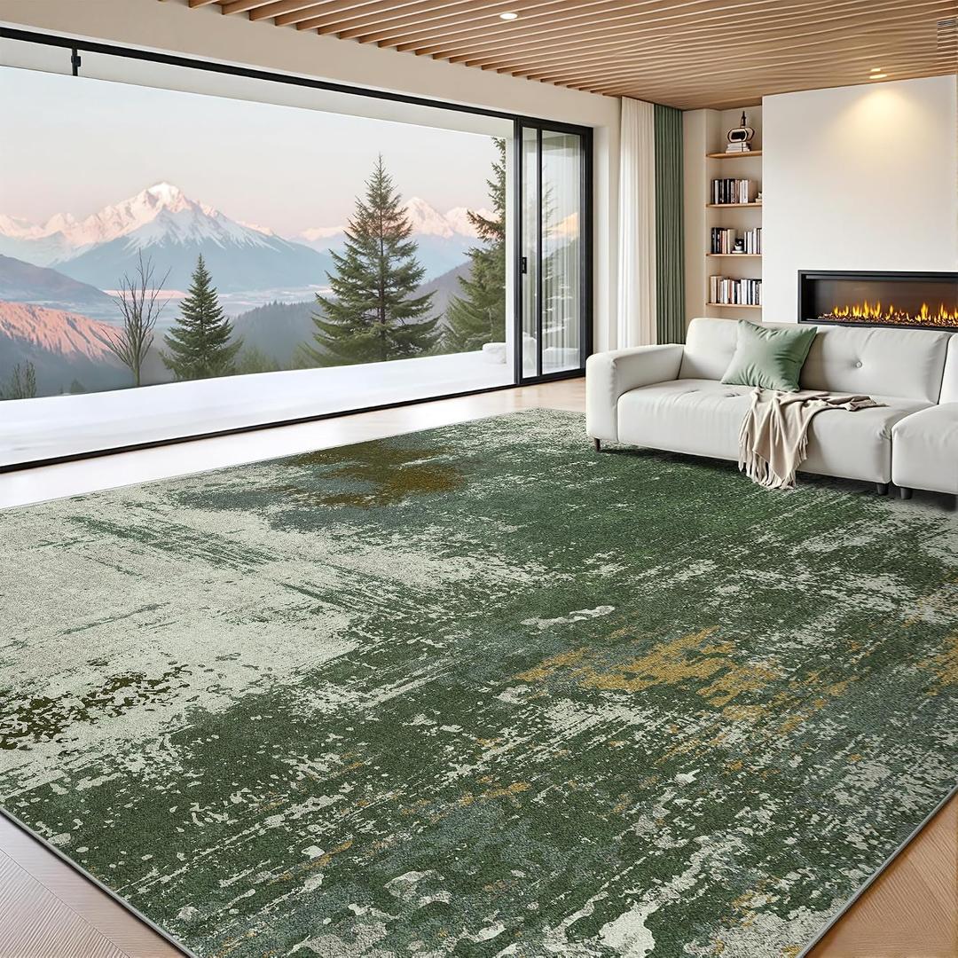 8x10 Rugs for Living Room - Modern Abstract Washable Rug, Ultra Soft Non Slip Low Pile Large Rugs, Floor Carpet for Bedroom Dining Room Office Laundry Nursery Home(Green)