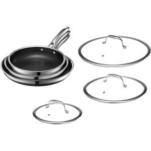 HexClad Hybrid Nonstick 6-Piece Fry Pan Set, 8, 10, and 12-Inch Frying Pans with Tempered Glass Lids, Stay-Cool Handles, Dishwasher-Friendly, Induction-Ready, Compatible with All Cooktops