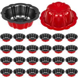 Ctosree 24 Pcs 4 Inches Fluted Mini Cake Pan Nonstick Fluted Cake Pan Carbon Steel Tube Metal Tube Oven Baking Mold with Flower Shape for Cupcake (Red)