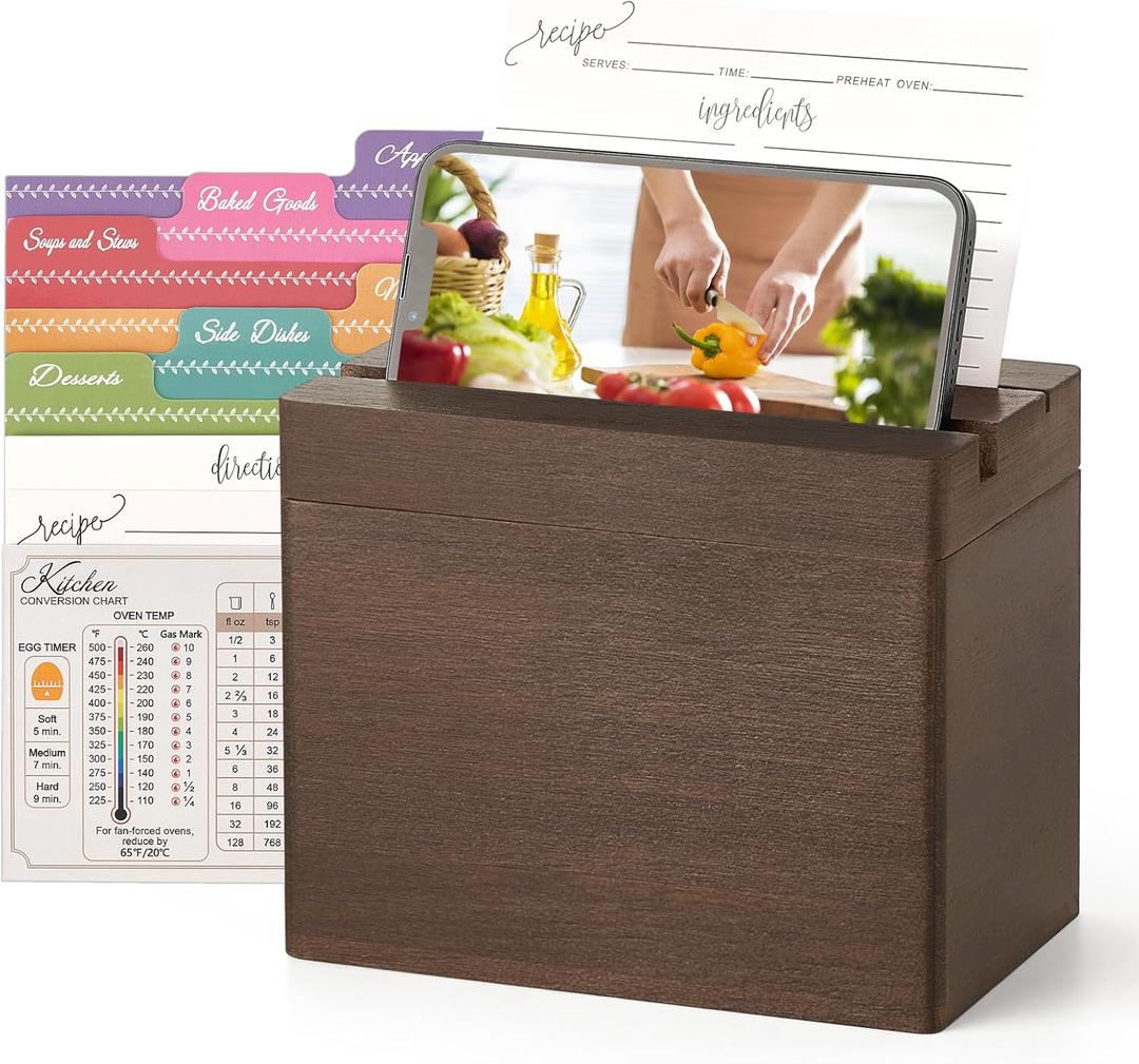 Dahey Double Slots Recipe Box Wooden Recipe Organizer with 100 Recipe Cards and 6 Dividers, Rustic Recipe Cards and Box Set with Phone Holder to Write in Your Own Recipes for Cooking Lovers Kitchen