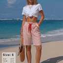 EXLURA Women's Faux Linen Striped Bermuda Shorts Casual Drawstring Elastic Waist Summer Vacation Beach Shorts with Pockets (Red), XL