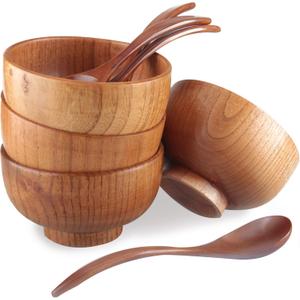 Handmade Wood Bowls,Jujube Wooden Japanese Bowl with Matching Spoon for Rice, Soup,Dip,Salad,Tea,Decoration 4 Sets(4 Bowls 4.2 IN + 4 Spoons)