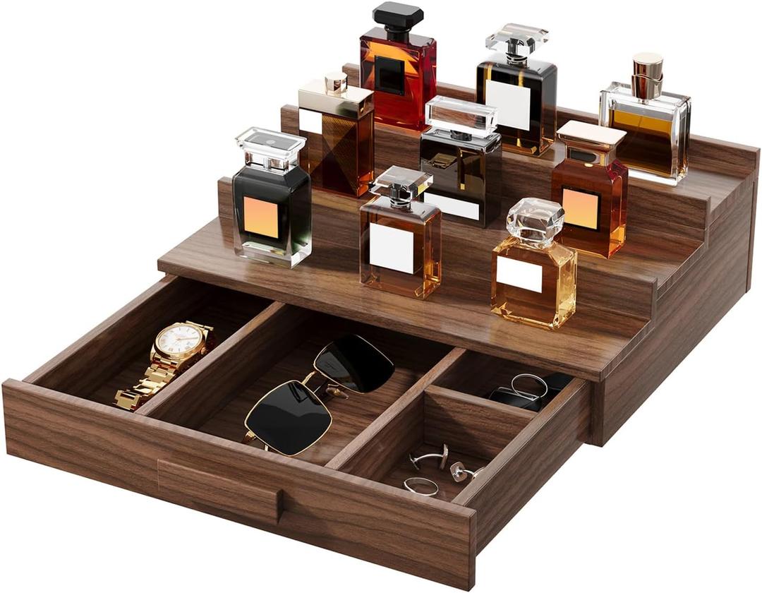 Solid Walnut Cologne Organizer for Men,Cologne Stand,3 Tier Wooden Cologne Holder Shelf Display,Perfume Stand Organizer with Drawer Storage,Gift for Men Dad Husband,Mens Valentines Day Gifts