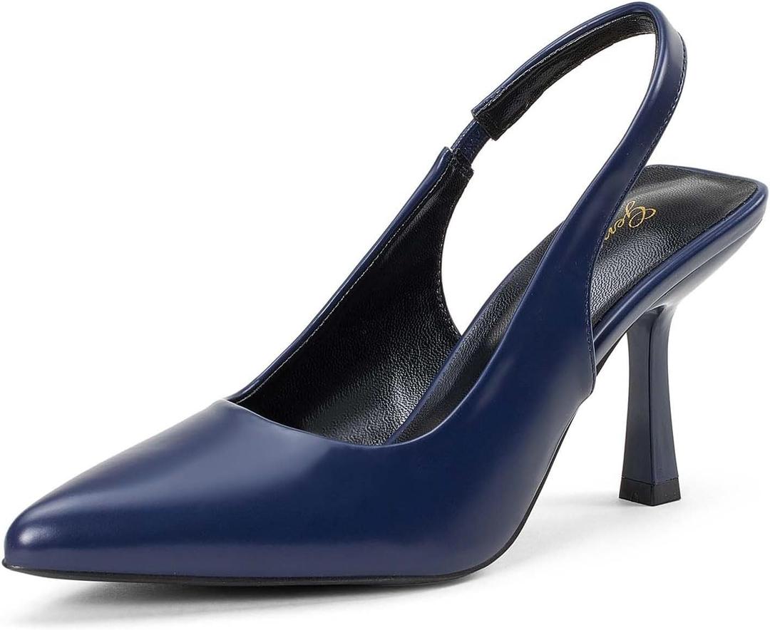 GENSHUO Women's Slingback Kitten Heel Pointed Closed Toe Stiletto Pumps Slip on Elastic Strap Wedding Party Dress Sandals Shoes (6, Solid Navy Blue)