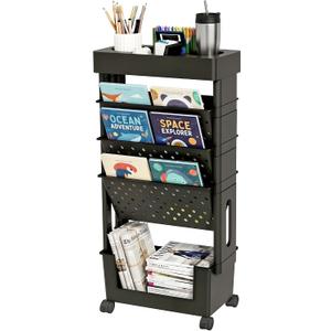 5-Tier Mobile Bookshelf, Rolling Bookcase Book Storage Rack, Movable File Folder Organizer Cart with Wheels for Home Study Office Living Room Classroom, Black