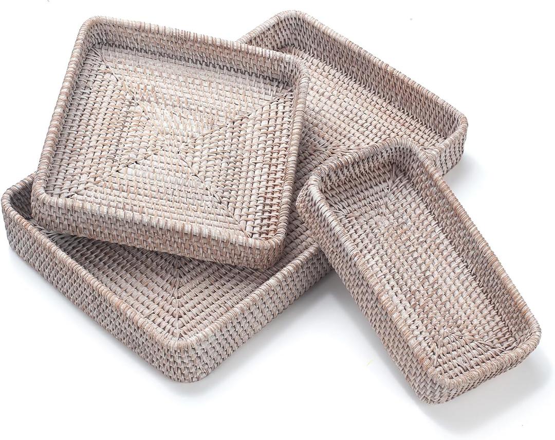 Rattan Serving Tray, Rectangular Woven Tray, Natural Wicker Decorative Serving Baskets for Organizing Tabletop Bathroom Kitchen Counter (White)
