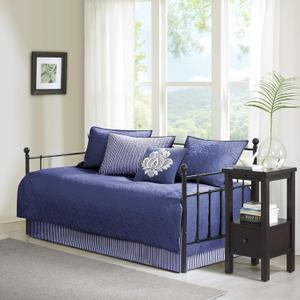Madison Park Cotton Daybed Cover Set-Double Sided Quilting Classic Cottage Design All Season Bedding with Bedskirt, Matching Shams, Decorative Pillow, 75"x39", Quebec Navy 6 Piece