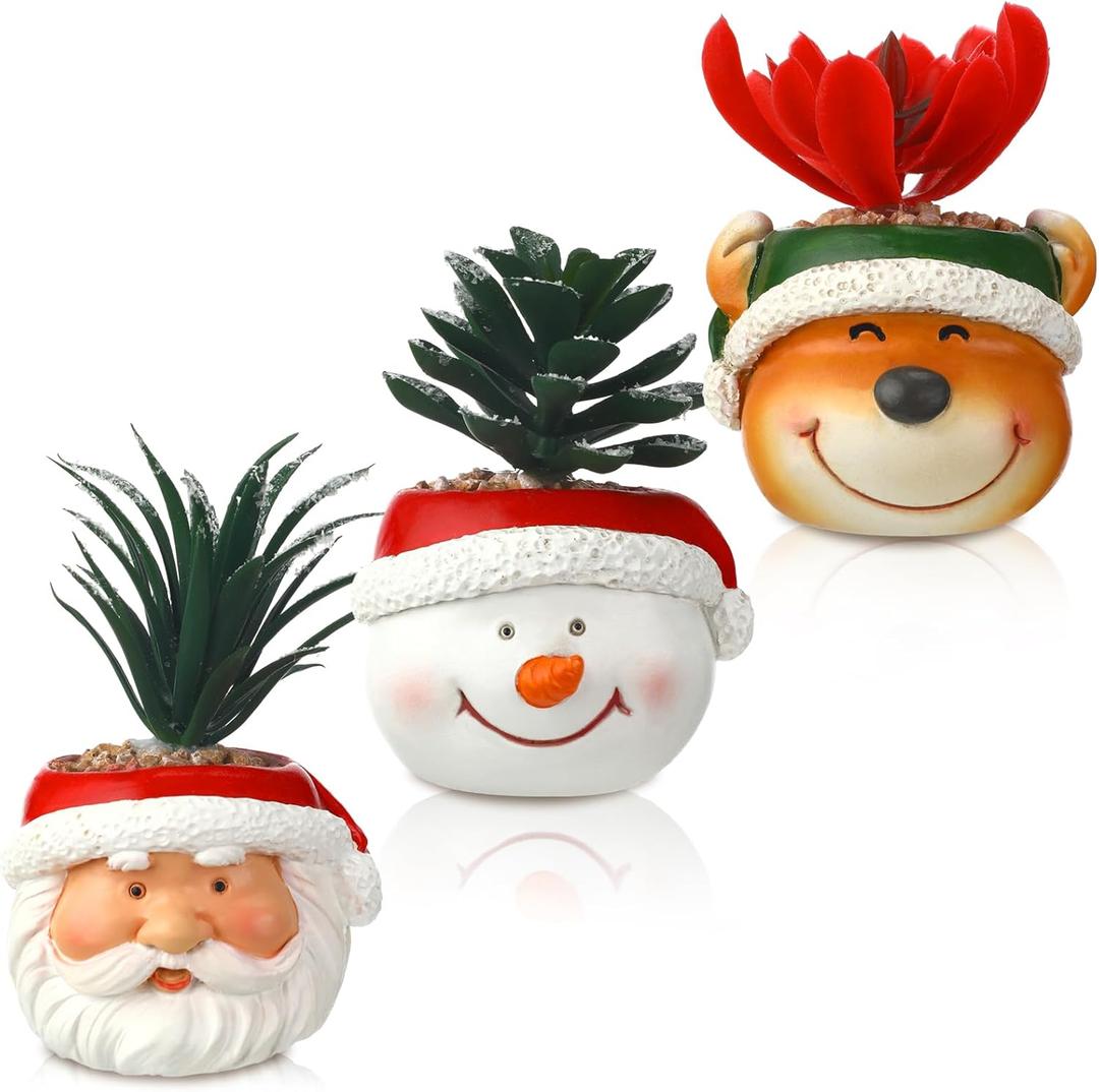 FoldTier 3 Pcs Christmas Artificial Succulent Plants in Pots Resin Mini Fake Flower Planter Santa Reindeer Snowman 4.5 Inch Small Faux Pot Plants Christmas Decorations for Home Indoor Decor