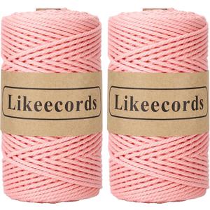 Likeecords 2 Rolls Cotton Macrame Cord 3mm x 100m, 3 Strand Twisted Rope, Cotton String Yarn (Pink)