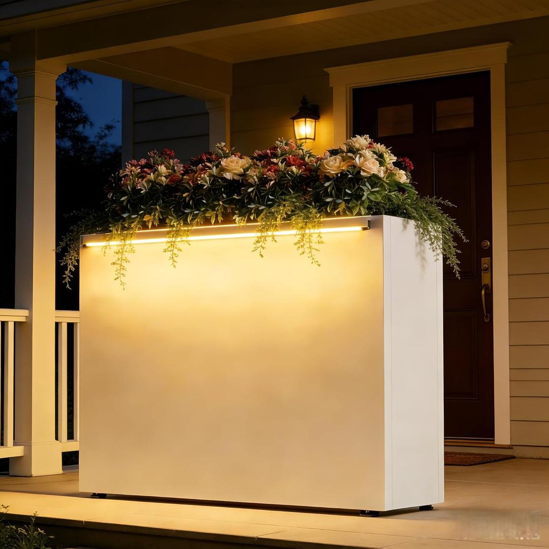 GSK White Metal Planter Box with LED Light Galvanized Versatile Rectagular Light Up Plant Trough Durable Indoor Outdoor Flower Container Porch Patio Tarrace Balcony Garden Home Office Commerical (30"H10"W38"L)