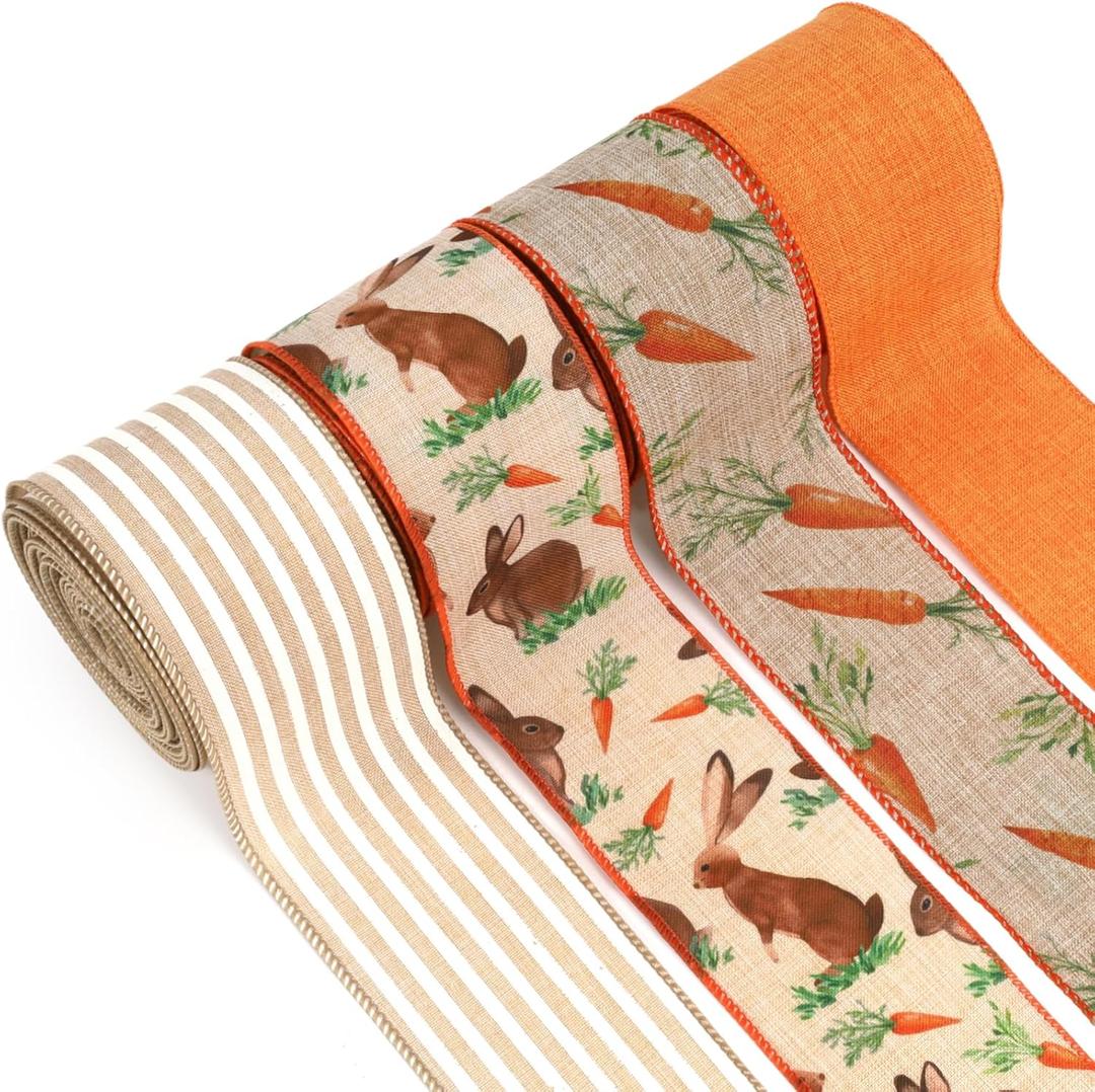 LaRibbons Easter Ribbon Wired 4 Rolls 2.5 Inch x 24 Yards TTL, Orange Carrot Bunny Ribbons for Baskets, Striped Wide Easter Ribbon for Crafts Spring Wreath Gift Wrapping Bow Decoration