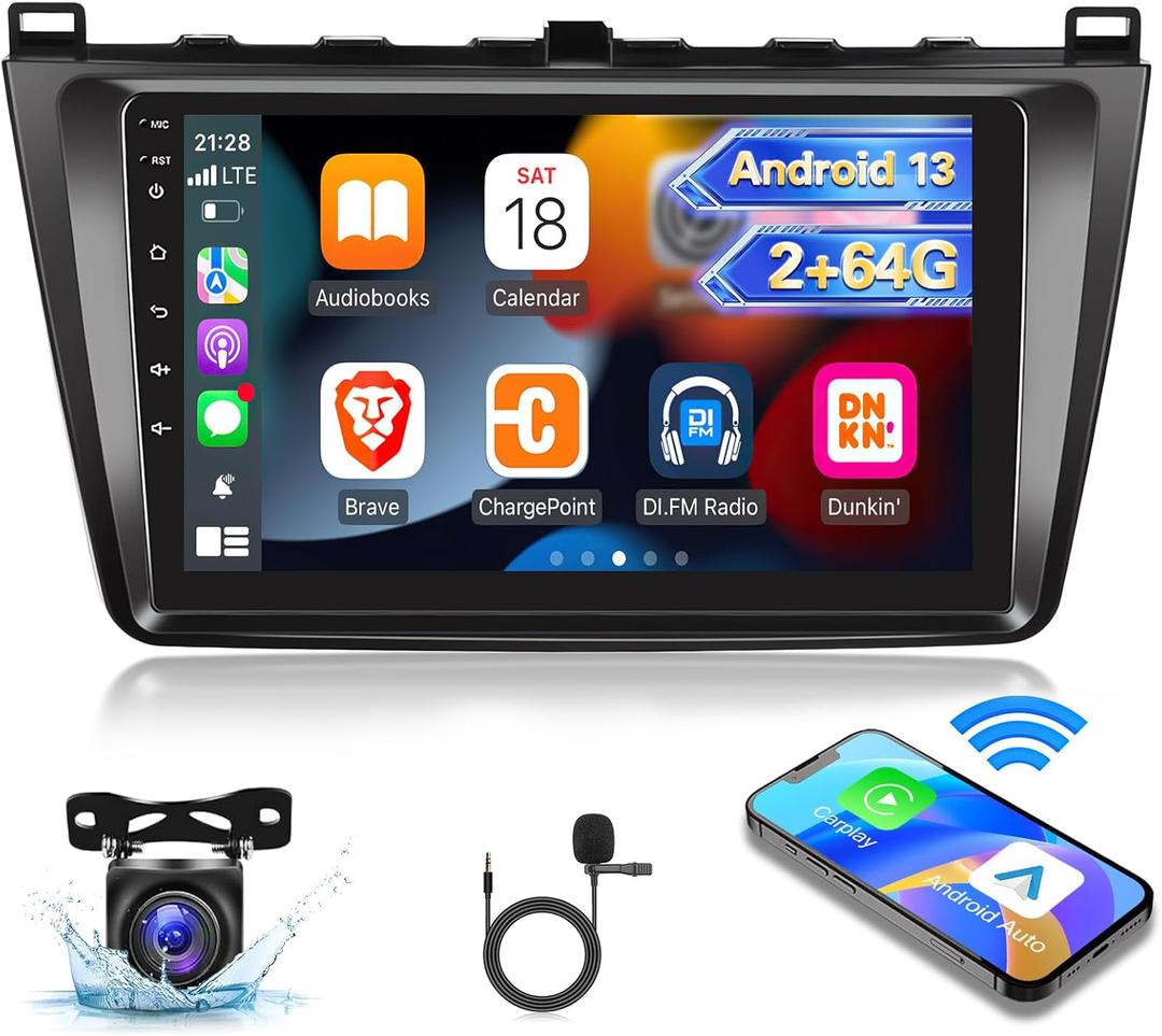 [2G+64G] Car Radio for Mazda 6 Atenza 2007-2012, Android 13 Touch Screen Car Play Stereo, Carplay/Android Auto/EQ Audio/Bluetooth/SWC + AHD Backup Camera