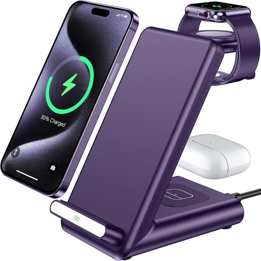 Wireless Charging Station,3 in 1 Charging Stand Made for Apple Watch Ultra 11 10 9 8 7 6 SE 5 4 3,Fast Wireless Charger Made for iPhone 17/Air/16/15/14/13/12,for AirPods Pro 3(with Adapter) (Purple)