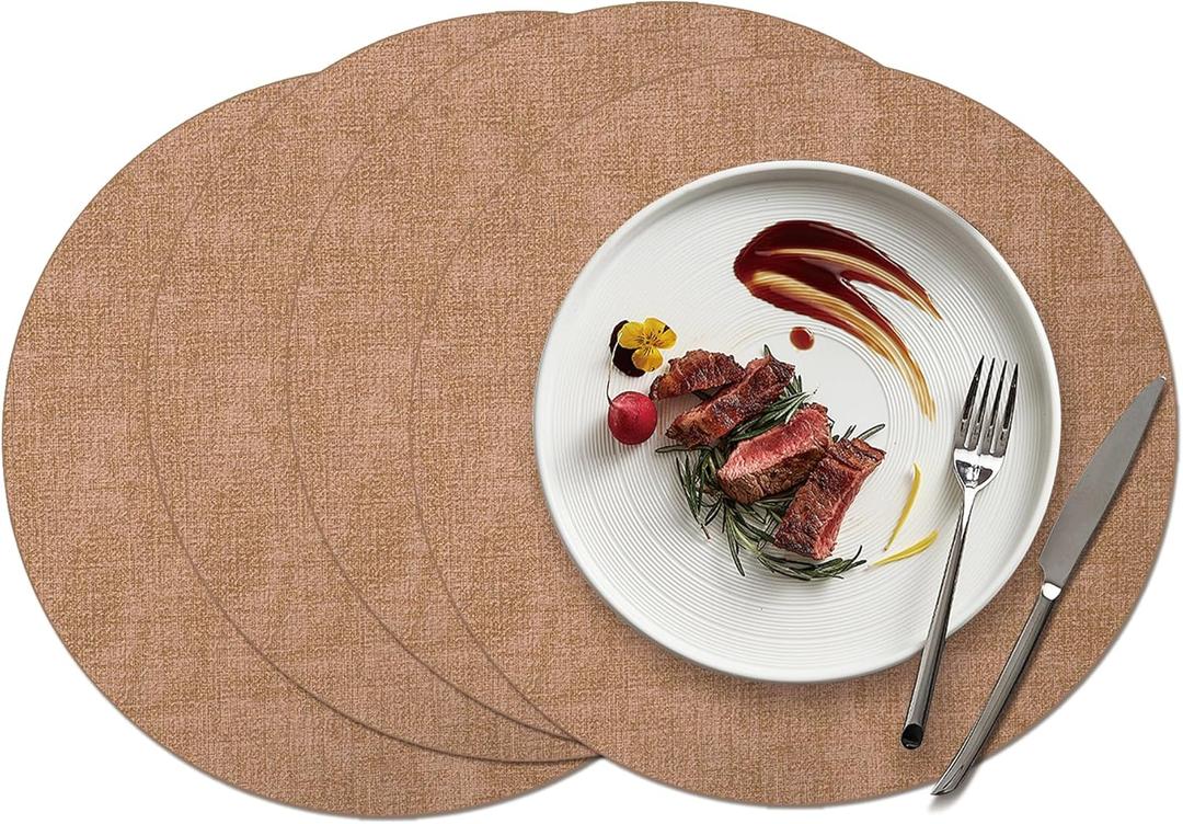 15 inch Faux Leather Round Placemats Set of 4 Non-Slip Washable Wipeable Table Mats, Heat Resistant Waterproof Oilproof Brown Place Mats for Kitchen, Dining, Party, Indoor, Outdoor