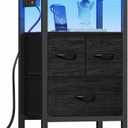 Furnulem Black Nightstand with Wood Shelf, Bed Side Table with Led Light and Charging Station, 25.8 Inch End Table with 3 Fabric Storage Drawers, Small Night Stand for Bedroom Furniture