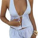 SOLY HUX Women's 2 Piece Summer Outfits Striped Deep V Neck Halter Crop Tops and Shorts Matching Set Blue Striped X-Small