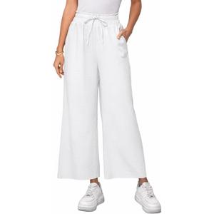 Women's Linen Pants Relaxed Fit High Waisted Boho Chic Ankle Pants Summer Beach Vacation Wide Leg Trousers (White, XL)