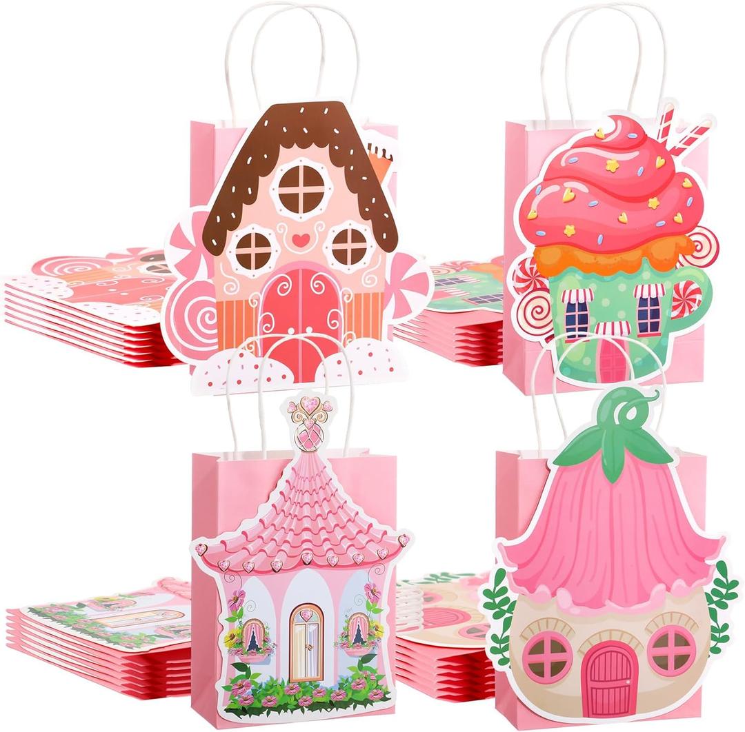 Feifeiya 24 Pcs Pink Gift Bag with Handle Valentines Day 3D Fairy Tale Flower House Cardboard Treat Candy Goodies Gift Bag for Valentines Galentine Day Holiday Birthday Party Supplies