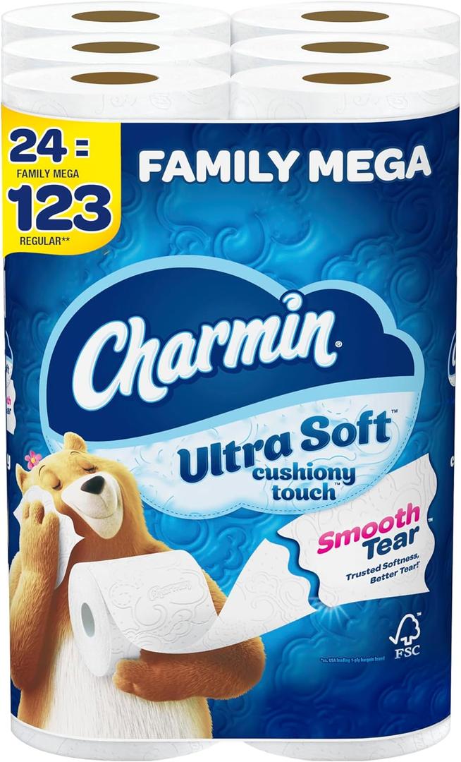 Charmin Ultra Soft Cushiony Touch Toilet Paper, 24 Family Mega Rolls = 123 Regular Rolls (288 sheet (Pack of 24))
