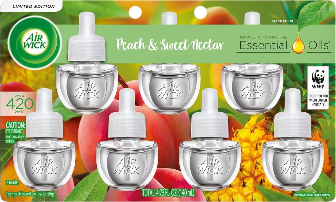 Air Wick Plug in Scented Oil Refill, 7 ct, Peach & Sweet Nectar, Air Freshener, Essential Oils (4.73 Fl Oz (Pack of 1))