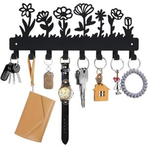 Decorative Key Holder for Wall Mounted with 8 Hooks, Cute Flower Key Rack Organizer for Entryway, Hallway, Office, Wall Mount Hanger for Keys with Mounting Hardware, Dog Leash Holder Ready to Hang