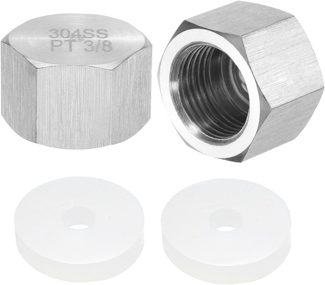 uxcell 2pcs Hex End Cap 304 Stainless Steel Nut with Washer, PT 3/8" Female Thread Pipe Fitting, Gas Line Water Line Stop Valve Cap Tubing Ends for Plumbing Fittings, Silver Tone