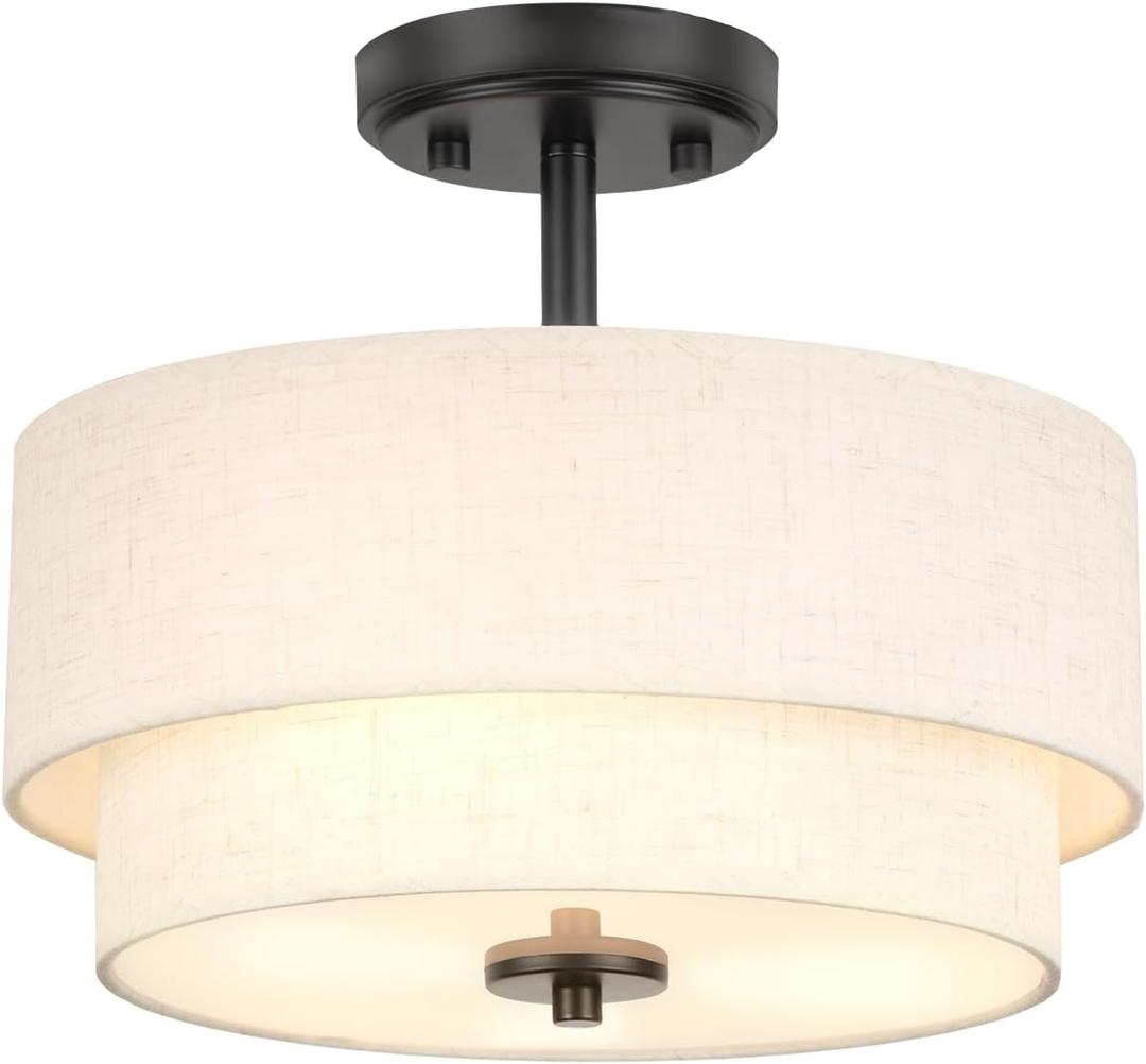 Edwarmlux 3-Light Semi Flush Mount Ceiling Light Fixture, 12.6" Black Drum Light with White Fabric Shade,Modern Close to Ceiling Light for Living Room Bedroom Dining Room Kitchen Hallway Entry Foyer