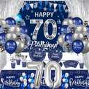 Rumia 70th Birthday Decorations, 131 PCS Navy Blue & Silver Party Supplies: Banner, Balloons, Napkins, Cups, Tablecloth, Foil Backdrops for Men & Women's 70th Birthday Decor