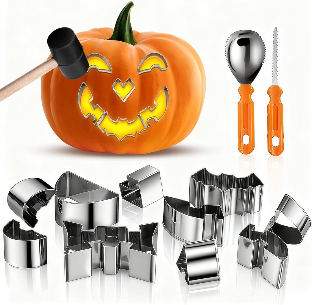 Pumpkin Carving Kit, 13-Pack Halloween Pumpkin Carving Stencils Metal with Hammer, Premium Stainless Steel Pumpkin Knife Tools for Halloween Decoration