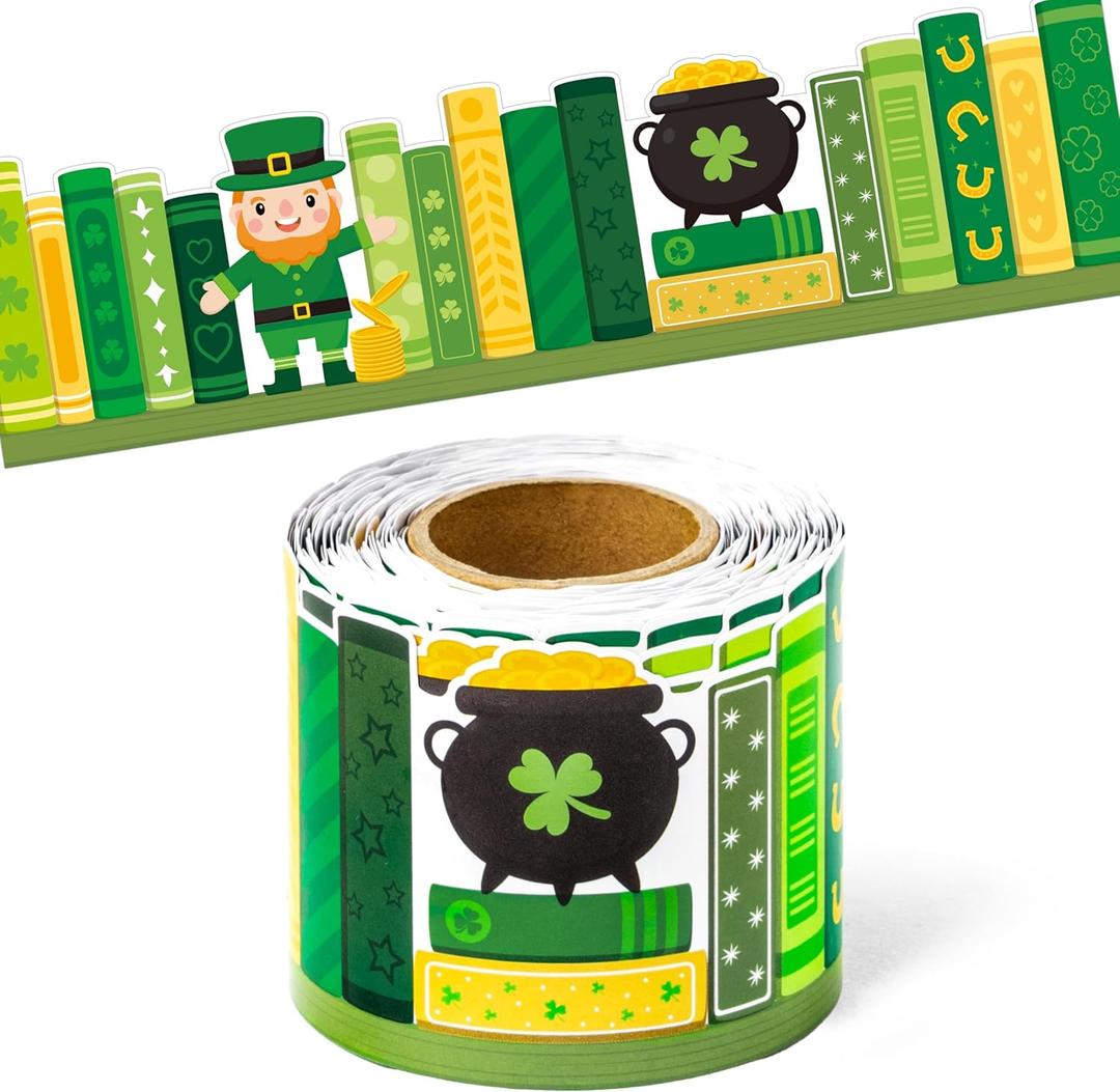 BeYumi Shamrock Bookshelf Border Trim - 65ft St Patrick's Day Green Books Rolled Border Trim Green Shamrock Bookshelf Bulletin Board Set Library Classroom Office Chalkboard Home Wall Party Decoration