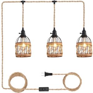 3 Light Hemp Rope Plug in Pendant Light Rattan Hanging Lights with Plug in Cord with Woven Lamp Shade, Plug in Cord Hemp Rope Hanging Lamp (1 PACK)