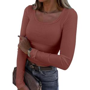 ANRABESS Women Long Sleeve Crop Tops Scoop Neck Ribbed Knit Tight Slim Fit 2025 Fall Going Out Sexy T-Shirts Basic Tee Shirts (Medium, Maroon)