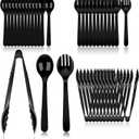 36 PCS Disposable Serving Utensils for Party - 12 Set Including Black Plastic Spoons, Tongs and Forks