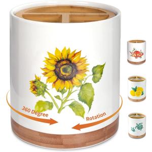 HAPPY KIT 7.6 Extra Large Kitchen Utensil Holder, 360 Rotating Utensil Holder for Kitchen Counter with 3 Removable Compartment, Housewarming Gift & Farmhouse Decor(Sunflower)