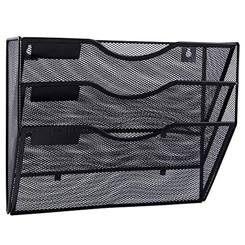EASEPRES 3 Pocket Mesh Hanging Wall File Organizer, Wall Mounted Mail Paper Document Folder Holder, Clipboard Storage Organization Magazine Rack with Nametag Label for Office Home School, Black