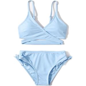 MIENOE Teen Girls' Swimsuits Two-Piece V-Neck Bikini Adjustable Shoulder Straps Swimsuit Kids Bikini with Chest Pad, 12-14Y