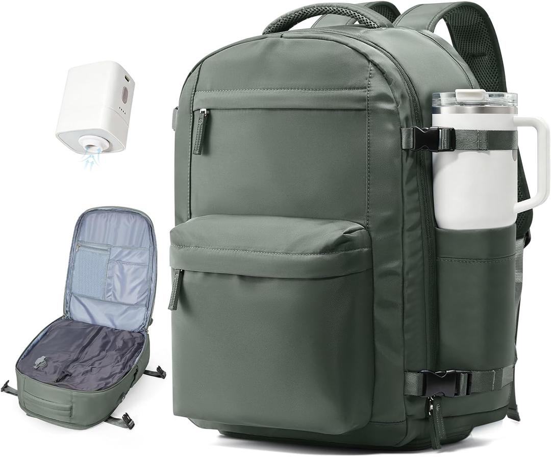 Vacuum Travel Backpack with Pump for Women, Personal Item Carry on Backpacks Flight Approved 18x14x8 inches for Men,Laptop Waterproof Work Compression Bags Casual Daypack, Green(Large)